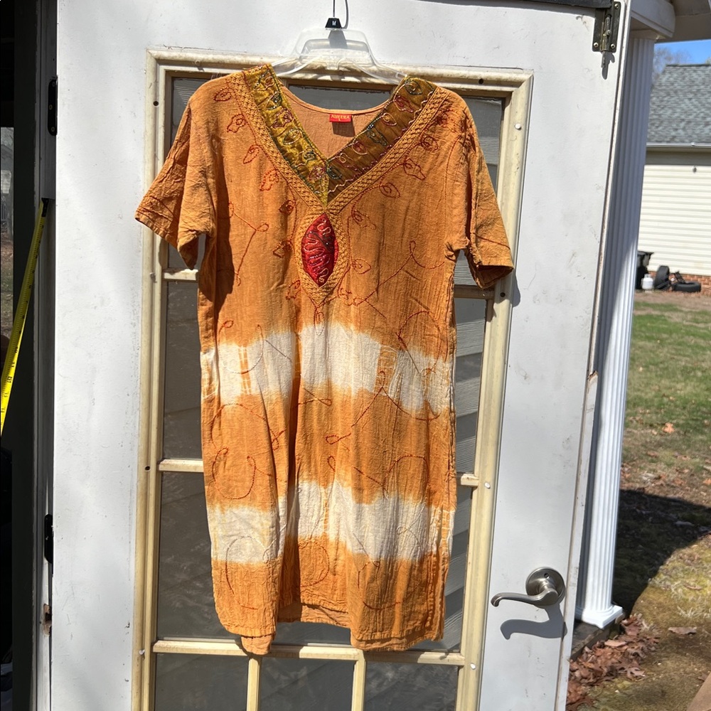 Women's "AMEERA" Size Large Orange & Yellow Embroidered BOHO Shirt Dress SEXY ❤️
